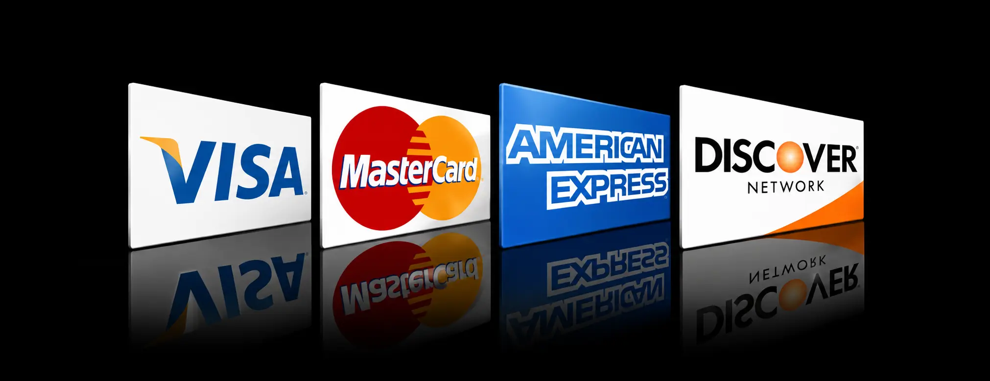 Four credit cards with different logos on them, each with text written on them