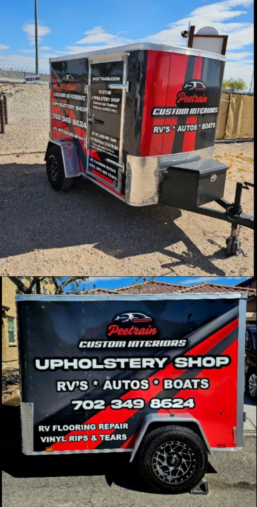 Custom trailer for a custom interior upholstery shop, with a vehicle on the road in the foreground and a sky