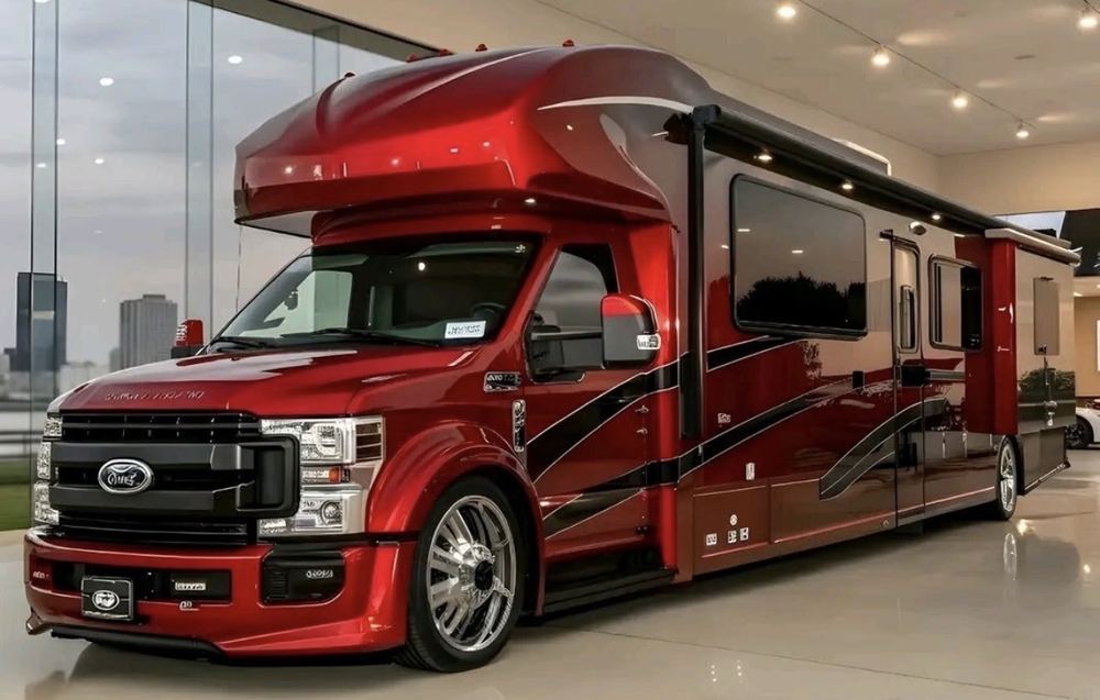 Custom-painted ruby motorhome with sleek wheels